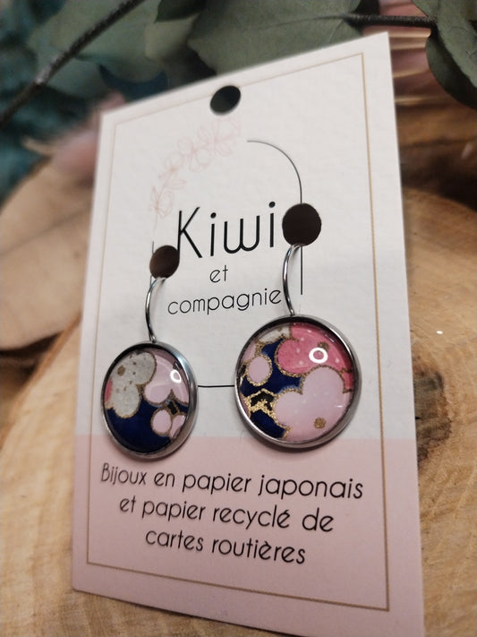 Boucles d'oreilles dormeuses rondes 16 mm- Acier inoxydable bleu et rose
