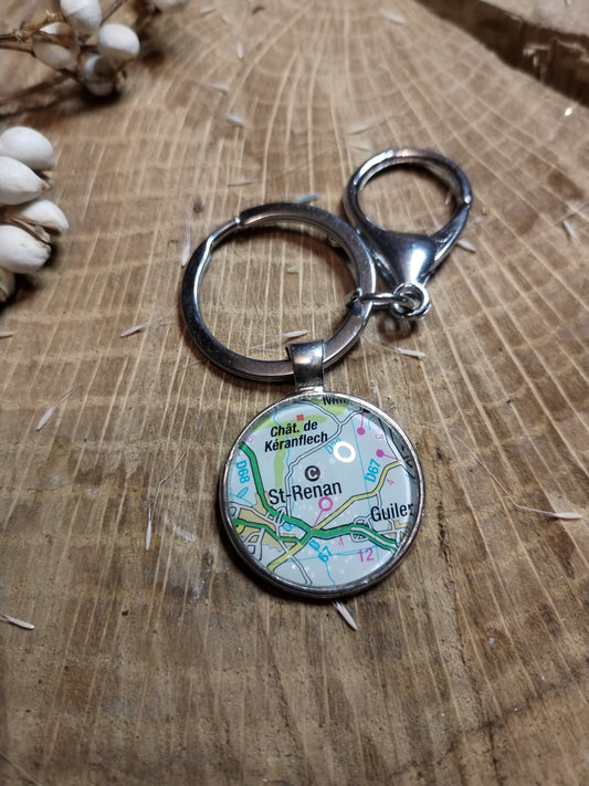 Porte-clefs cabochon 25mm - Recyclage carte routière - Saint Renan (29)