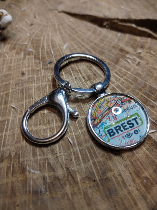 Porte-clefs cabochon 25mm - Recyclage carte routière - Brest Océanopolis (29)