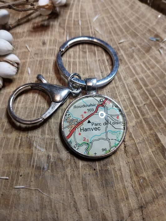 Porte-clefs cabochon 25mm - Recyclage carte routière - Hanvec (29)