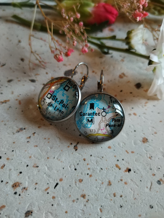 Boucles d'oreilles dormeuses rondes 18mm - Carte routière st Pol de Léon