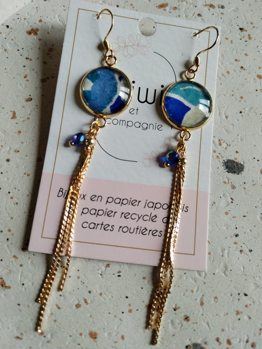 Boucles d'oreilles cabochons ronds 16mm - Acier inoxydable doré - papier japonais bleu