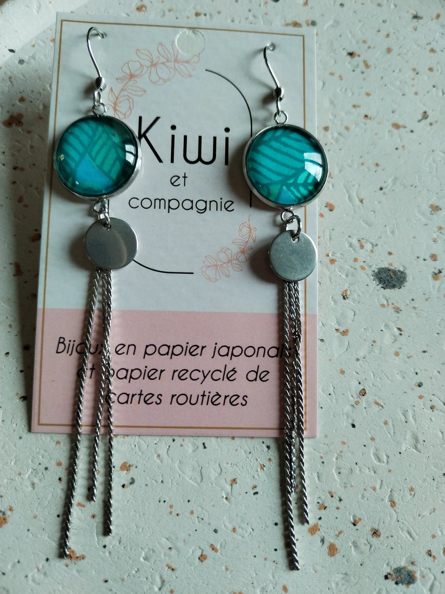 Boucles d'oreilles cabochons ronds 16mm - Acier inoxydable - papier japonais bleu feuillage