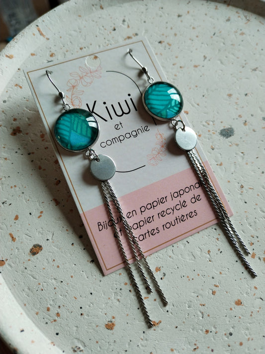 Boucles d'oreilles cabochons ronds 16mm - Acier inoxydable - papier japonais bleu feuillage