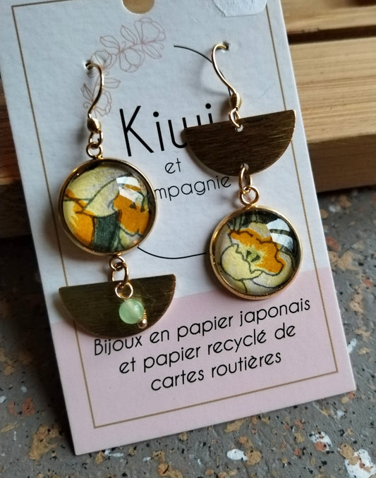 Boucles d'oreilles asymétriques - Cabochons 16mm - Acier inoxydable doré - jaune et kaki