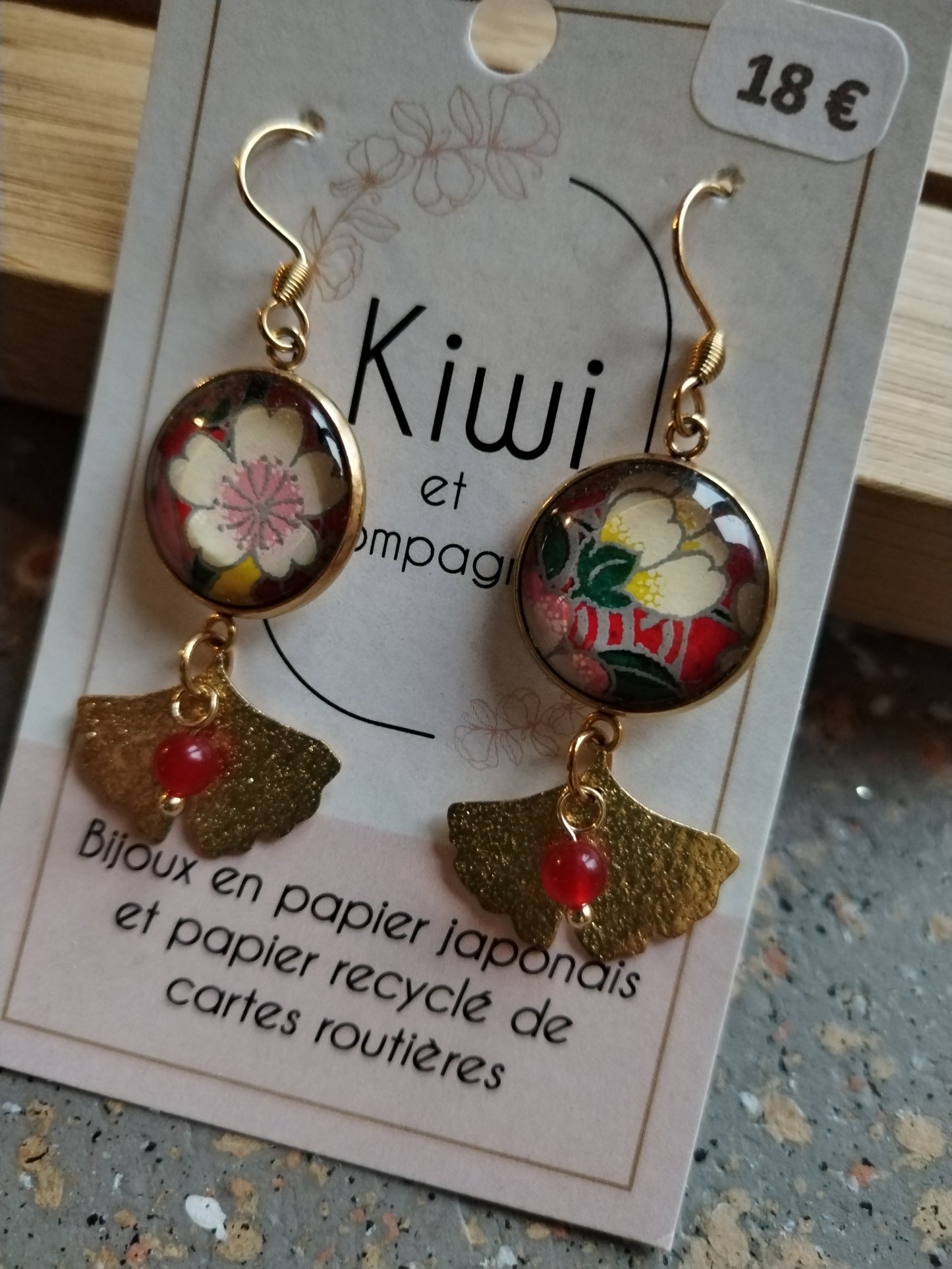 Boucles d'oreilles cabochons ronds 16mm - Acier inoxydable doré - Papier japonais rouge et fleur