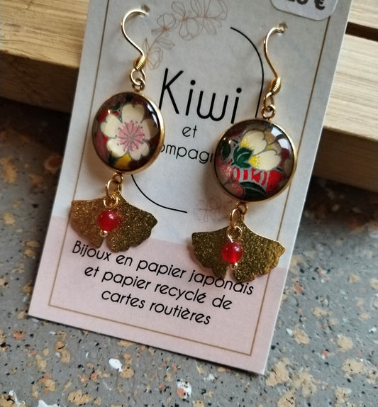 Boucles d'oreilles cabochons ronds 16mm - Acier inoxydable doré - Papier japonais rouge et fleur