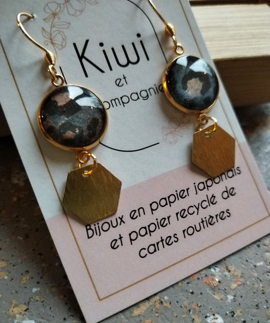 Boucle d'oreille acier doré papier léopard bleu/ brun
