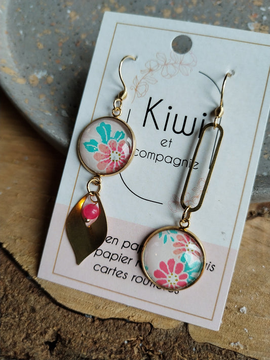 Boucles d'oreilles asymétriques - Cabochons 16mm - Acier inoxydable doré -