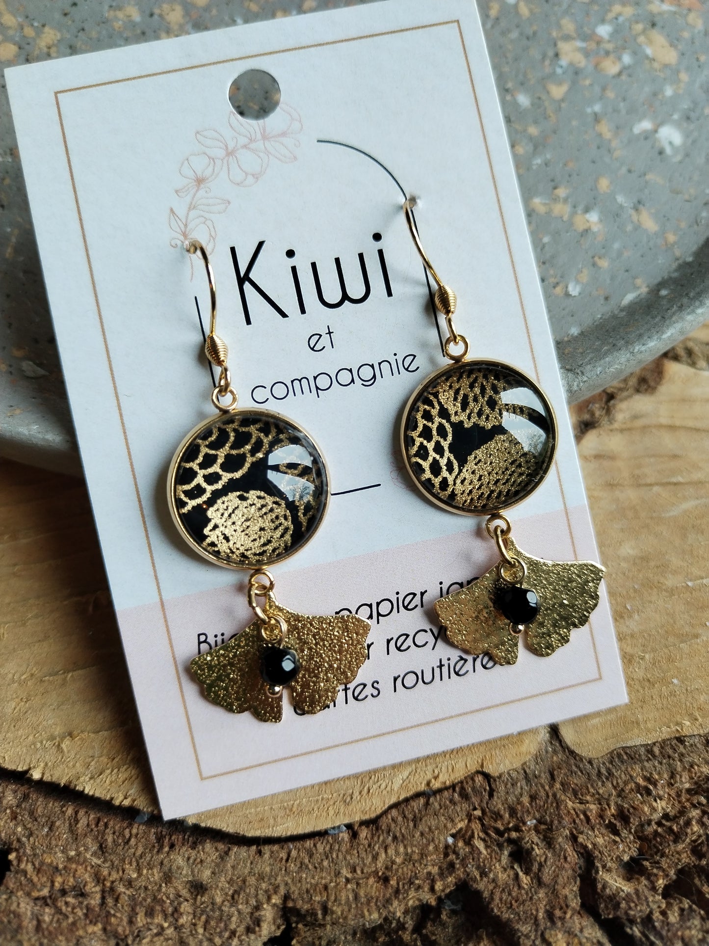 Boucles d'oreilles cabochons ronds 16mm - Acier inoxydable doré - noir et doré