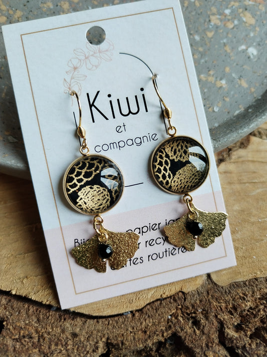 Boucles d'oreilles cabochons ronds 16mm - Acier inoxydable doré - noir et doré