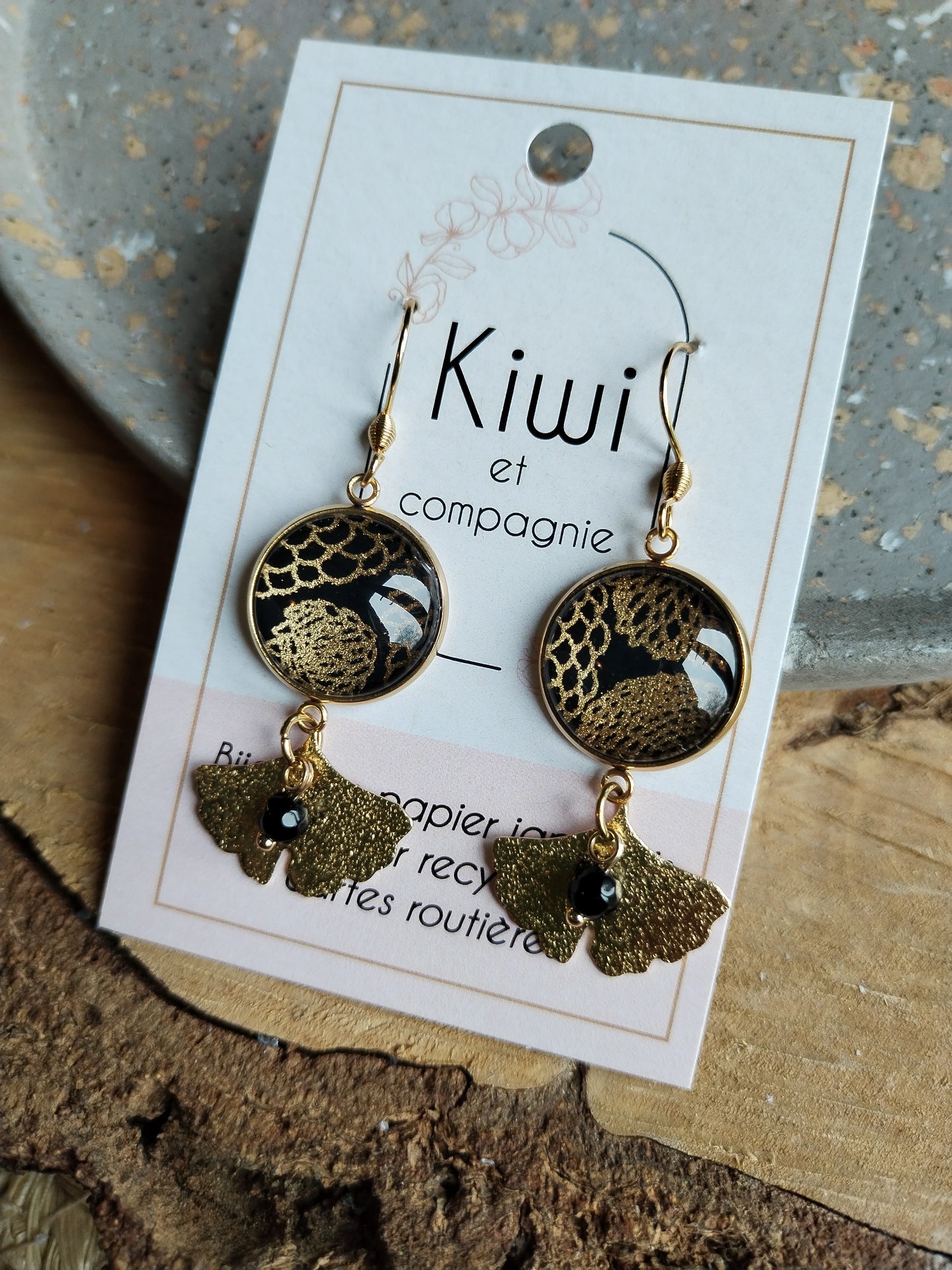Boucles d'oreilles cabochons ronds 16mm - Acier inoxydable doré - noir et doré