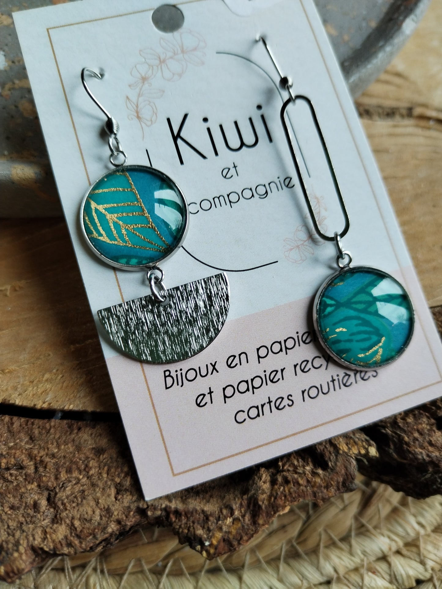 Boucles d'oreilles asymétriques - Cabochons 16mm - Acier inoxydable -turquoise