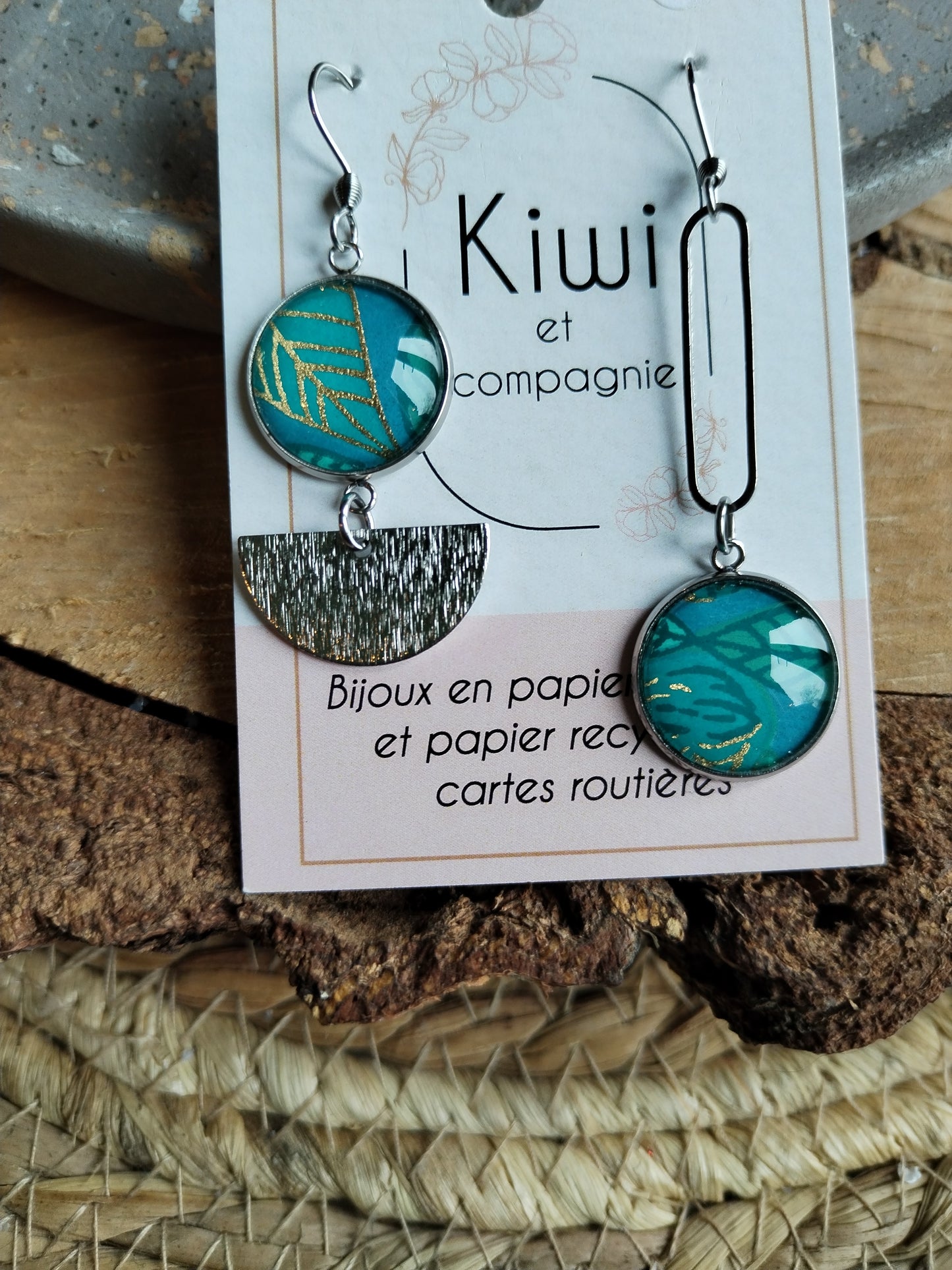 Boucles d'oreilles asymétriques - Cabochons 16mm - Acier inoxydable -turquoise
