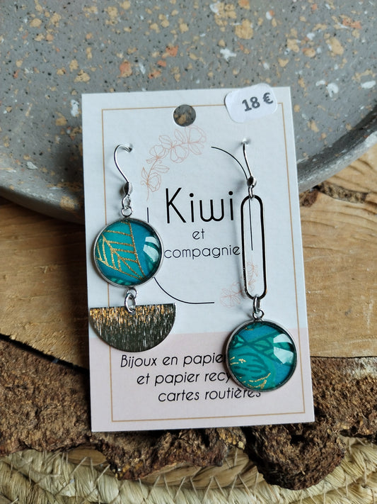 Boucles d'oreilles asymétriques - Cabochons 16mm - Acier inoxydable -turquoise