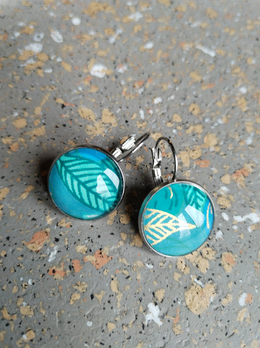 Boucles d'oreilles dormeuses rondes 16 mm- Acier inoxydable turquoise feuille