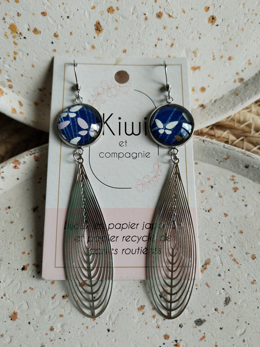 Boucles d'oreilles cabochons ronds 16mm - Acier inoxydable - papier japonais bleu papillon
