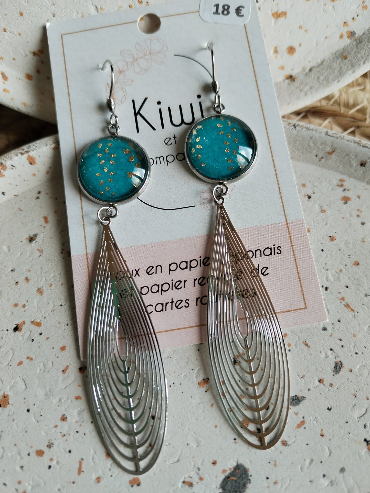 Boucles d'oreilles cabochons ronds 16mm - Acier inoxydable - papier japonais vert fleur doré
