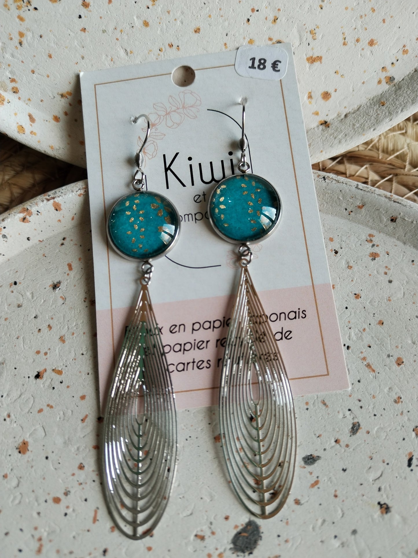 Boucles d'oreilles cabochons ronds 16mm - Acier inoxydable - papier japonais vert fleur doré
