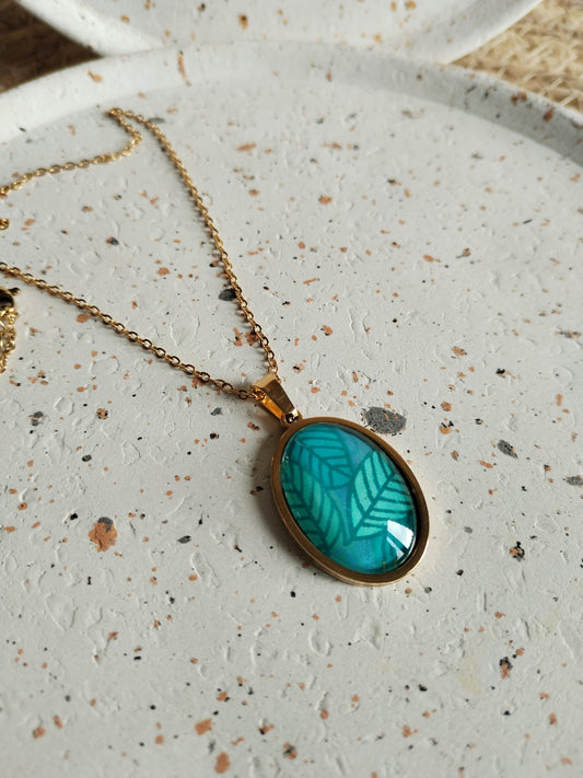 Collier acier doré papier turquoise