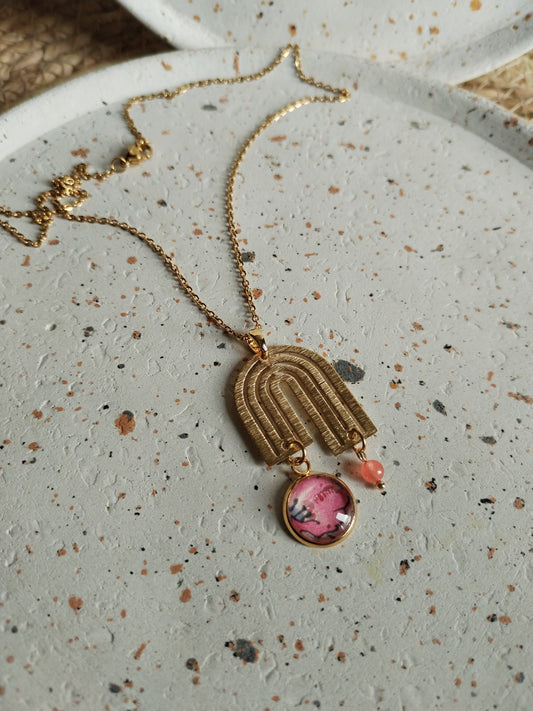 Collier cabochon 16mm en acier inoxydable doré -arc-en-ciel-rose