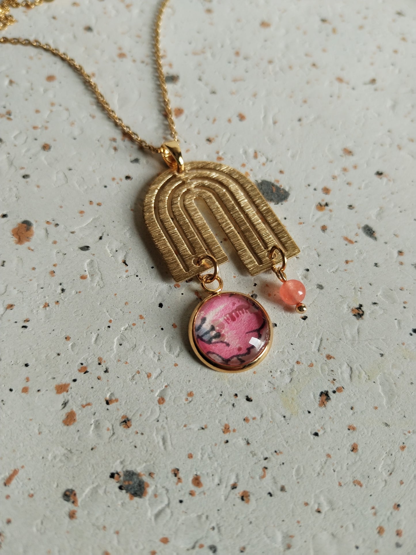 Collier cabochon 16mm en acier inoxydable doré -arc-en-ciel-rose