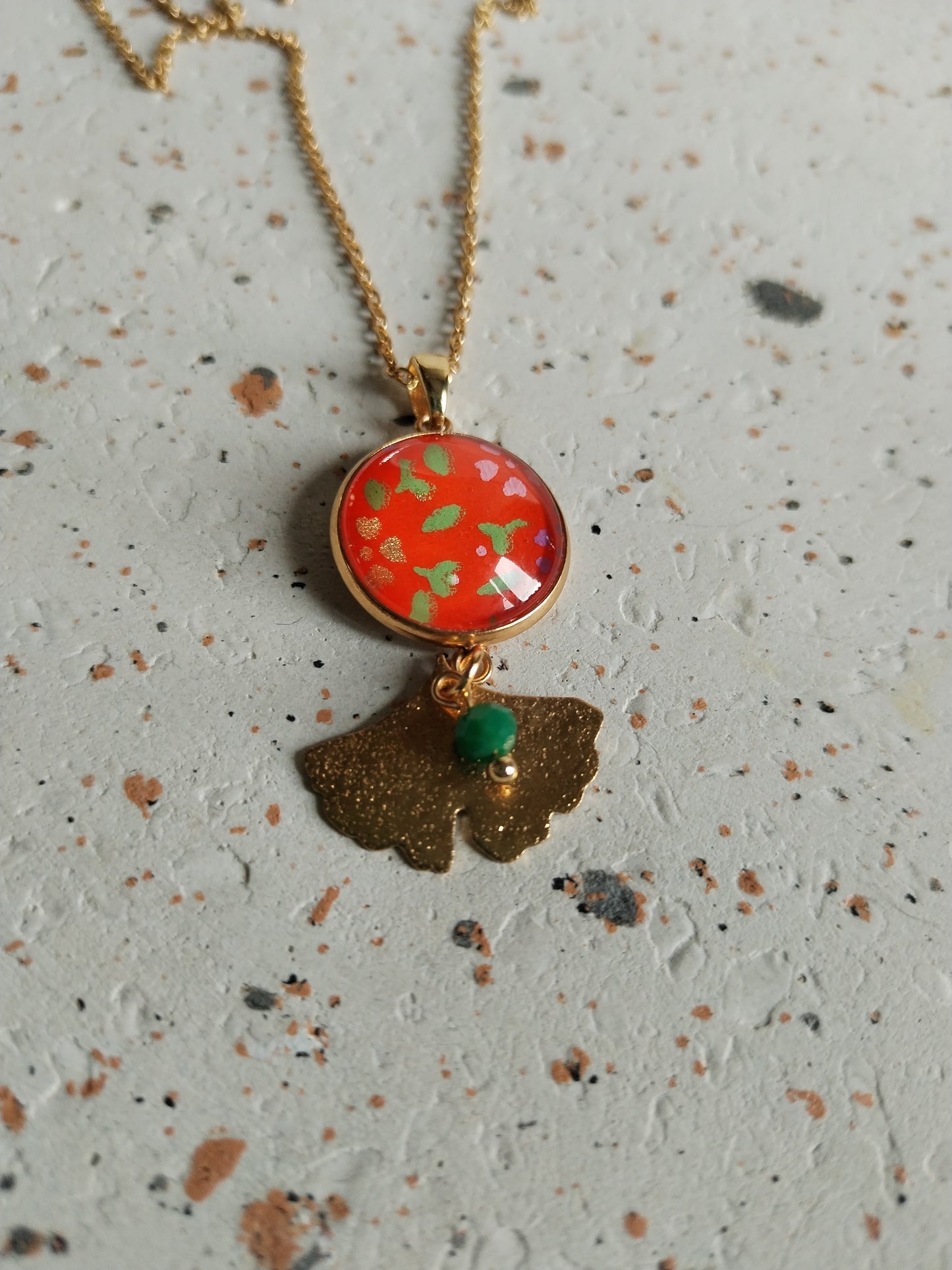Collier cabochon 16mm en acier inoxydable doré - orange -perle -