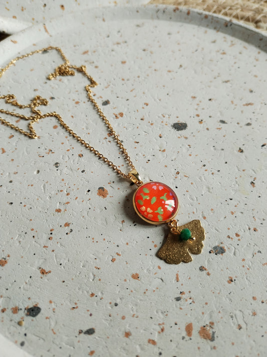 Collier cabochon 16mm en acier inoxydable doré - orange -perle -
