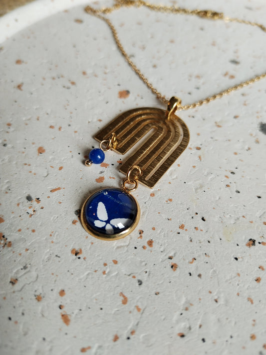 Collier cabochon 16mm en acier inoxydable doré -arc-en-ciel- bleu papillon