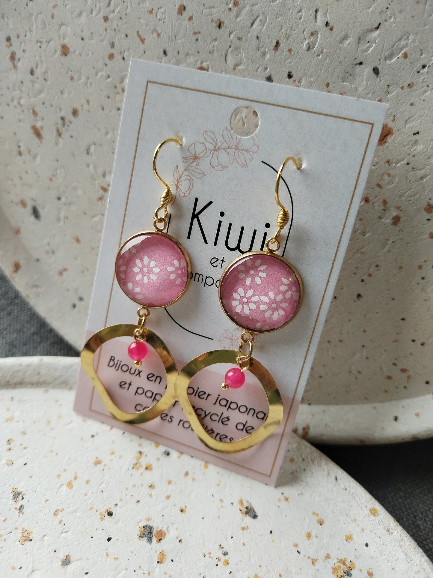 Boucles d'oreilles cabochons ronds 16mm - Acier doré -anneau laiton rose