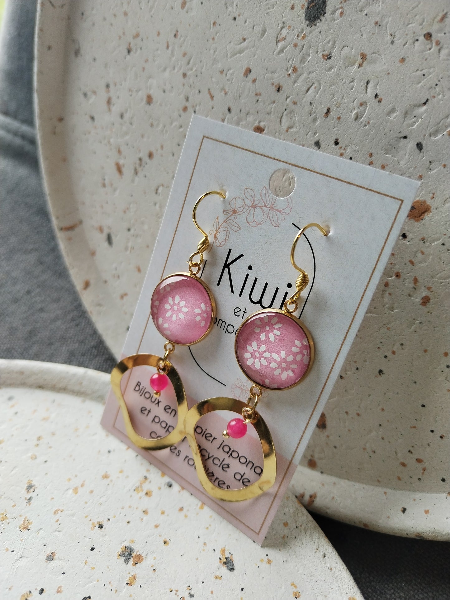 Boucles d'oreilles cabochons ronds 16mm - Acier doré -anneau laiton rose