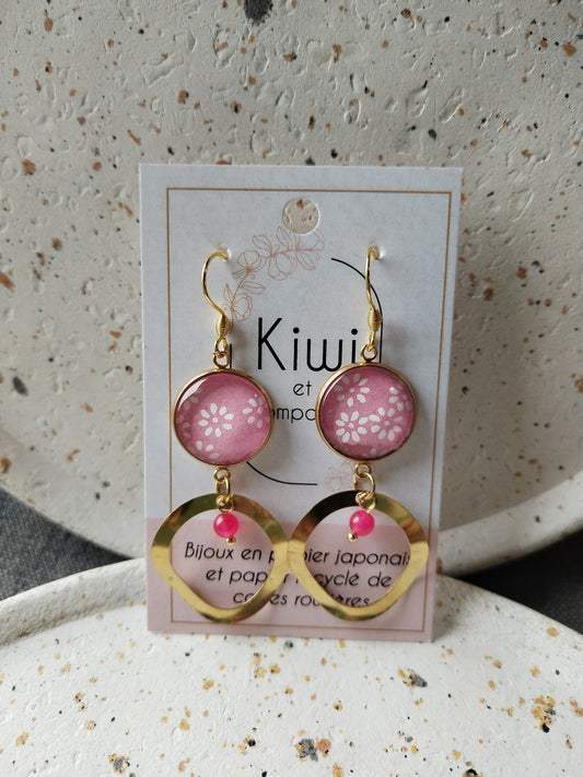 Boucles d'oreilles cabochons ronds 16mm - Acier doré -anneau laiton rose