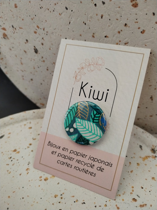 Badge 25 mm - papier japonais-bleu turquoise feuilles