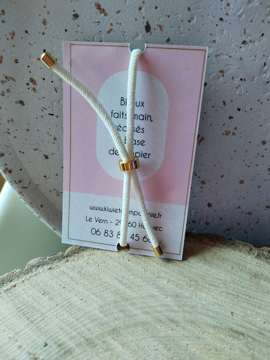 Bracelet réglable en coton blanc - cabochon rouge pois blanc