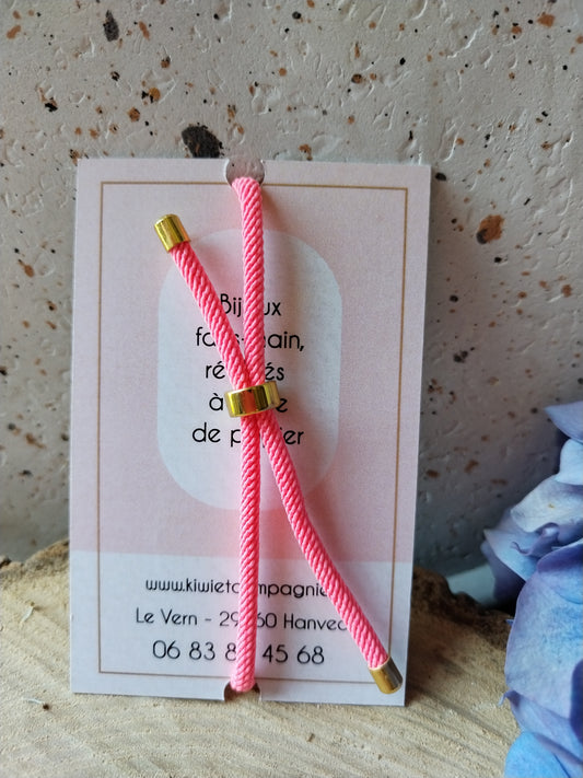 Bracelet réglable en coton rose - cabochon rouge fleur rose