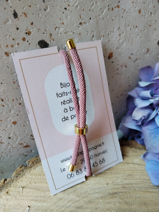 Bracelet réglable en coton vieux rose - cabochon violet fleur rouge