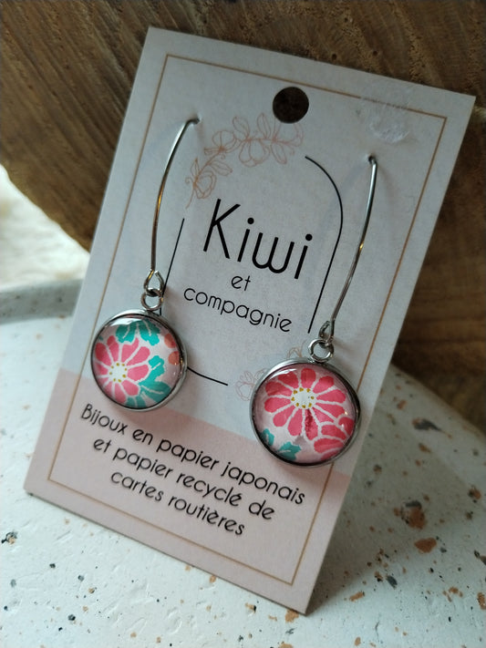Boucle d’oreilles longue acier cabochon fleur rose