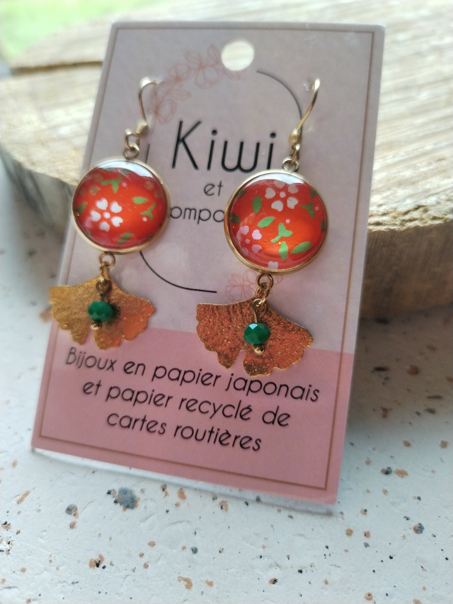 Boucles d'oreilles cabochons ronds 16mm - Acier inoxydable doré -orange