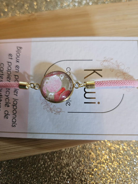 Bracelet réglable en coton rose - cabochon pétale rose et nacré