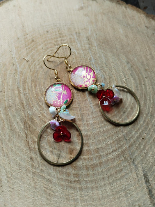 Boucles d'oreilles - Cabochons 16mm - Acier inoxydable - rose et perle fleur