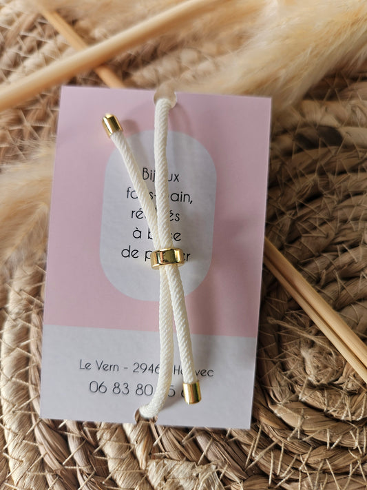 Bracelet réglable en coton blanc - cabochon jaune blanc et paillettes
