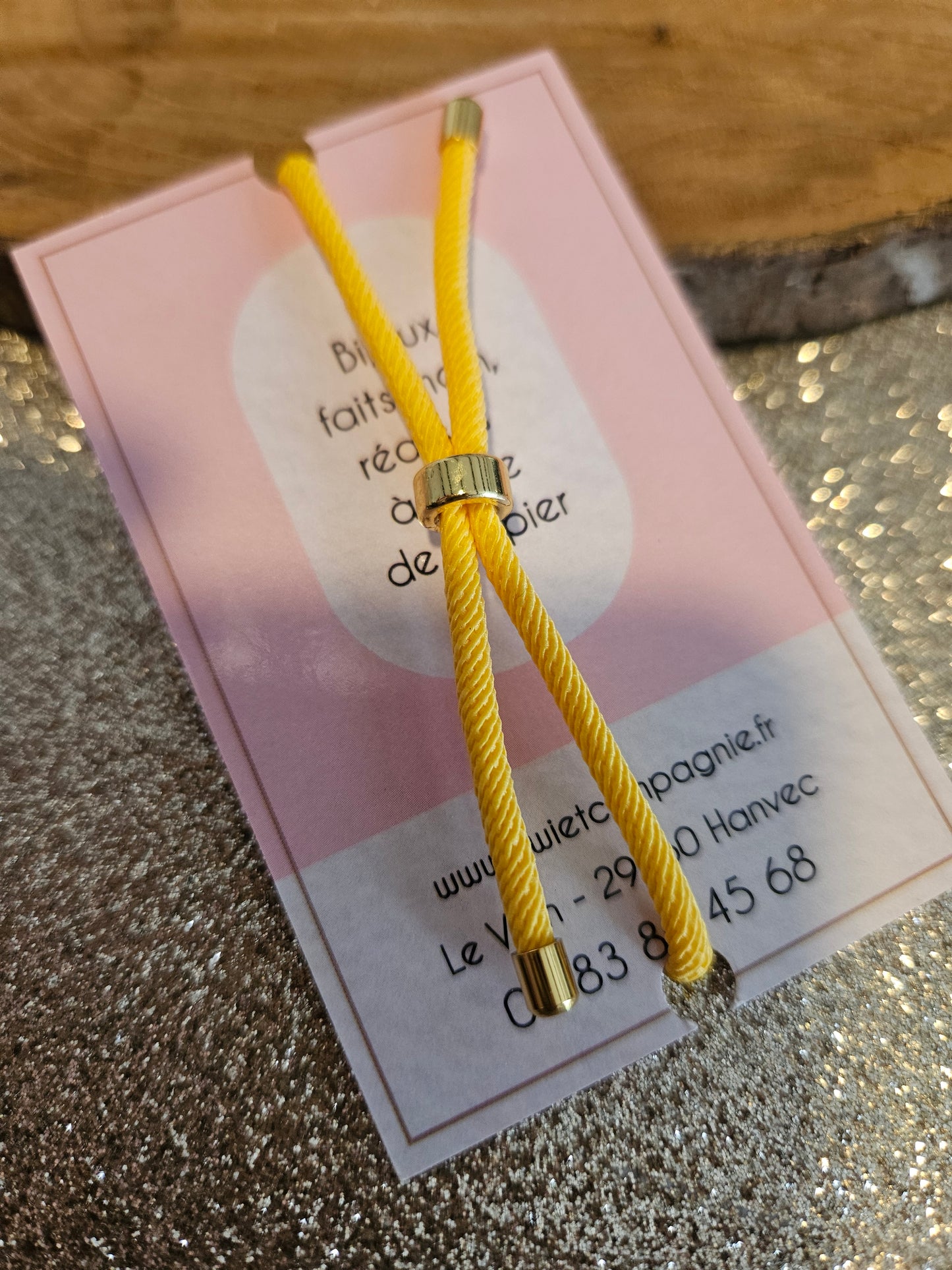 Bracelet réglable en coton jaune - cabochon jaune et kaki -oval-