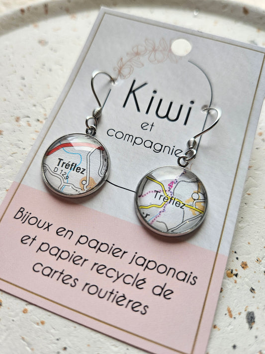 Boucles d'oreilles cartes routières ville Tréflez