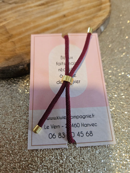 Bracelet réglable en coton bordeaux - cabochon rose feuille -oval-