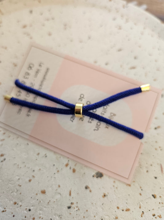 Bracelet réglable en coton bleu marine - cabochon bleu fleur blanche