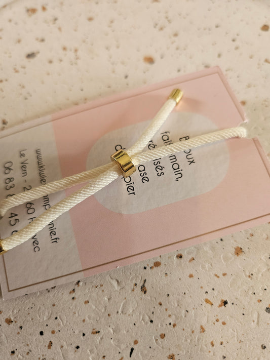 Bracelet réglable en coton blanc - cabochon feuillage dore et vert