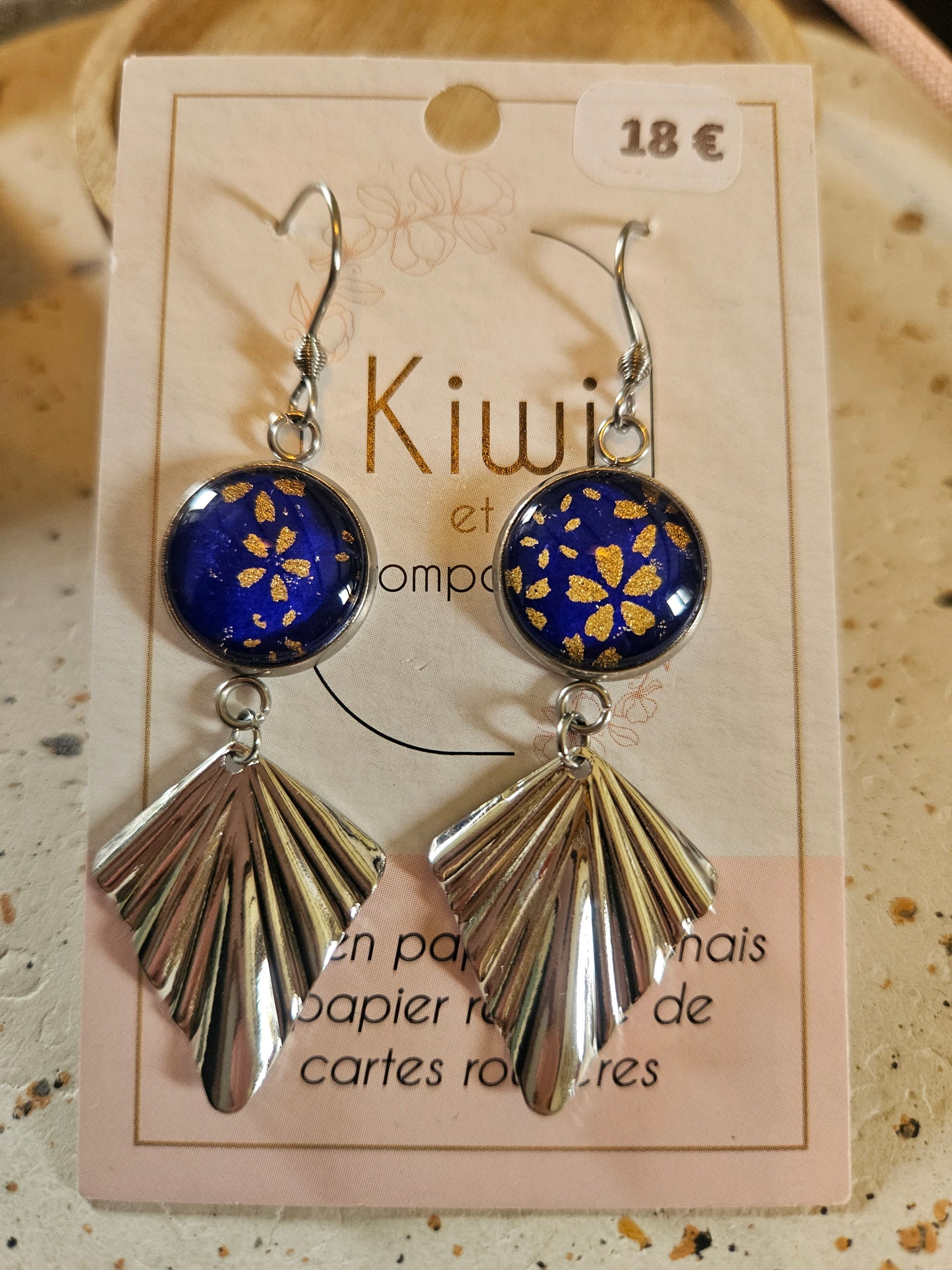 Boucles d'oreilles cabochons ronds 16mm - Acier inoxydable - papier japonais bleu floral - breloque losange