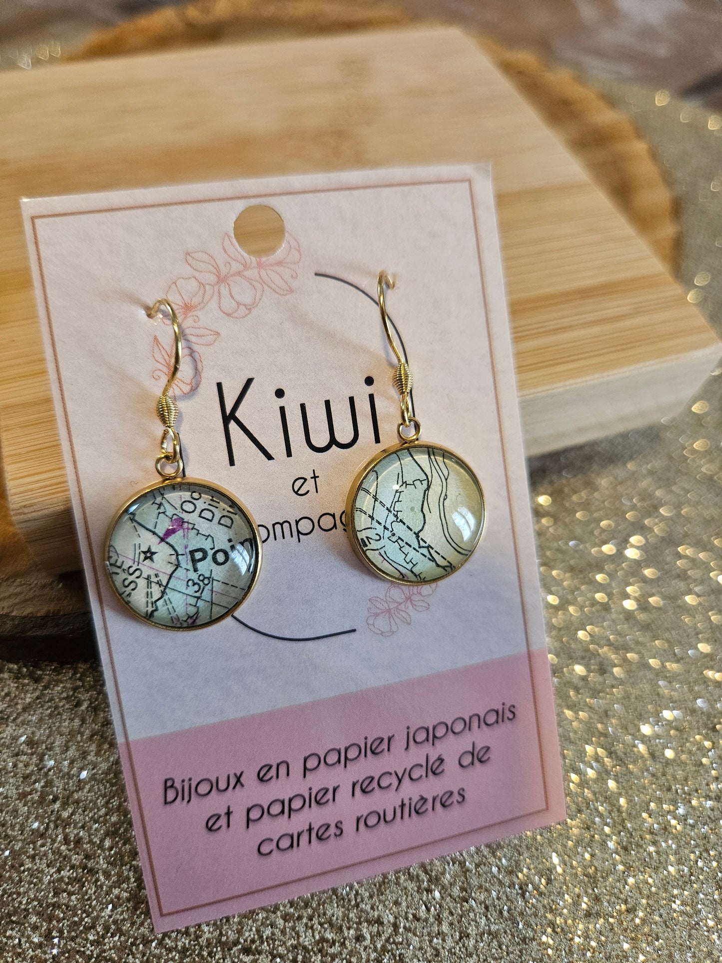 Boucles d'oreilles cabochons ronds - Acier inoxydable doré -carte marine