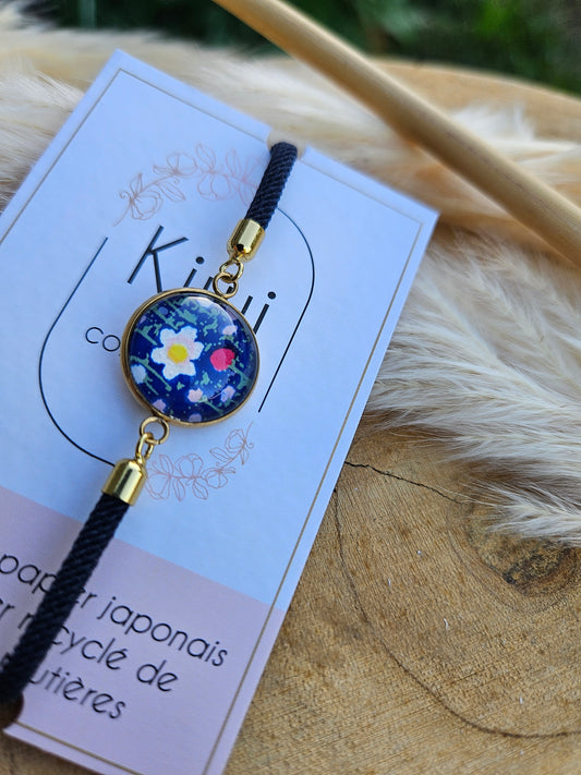 Bracelet réglable en coton bleu marine - cabochon bleu -fleur