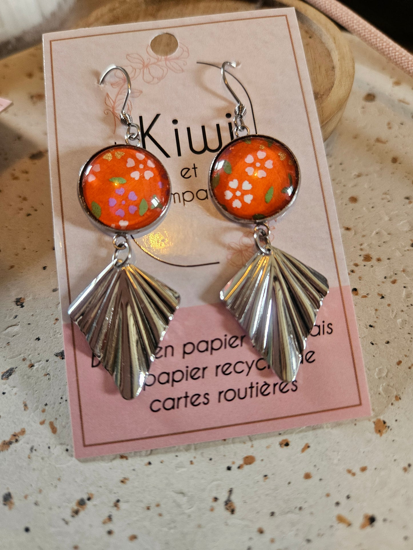 Boucles d'oreilles cabochons ronds 16mm - Acier inoxydable - papier japonais orange floral - breloque losange